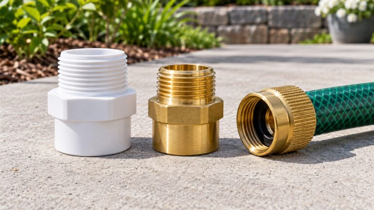 A white PVC adapter and a brass adapter laid side by side beside a garden hose coupling on a concrete pad.