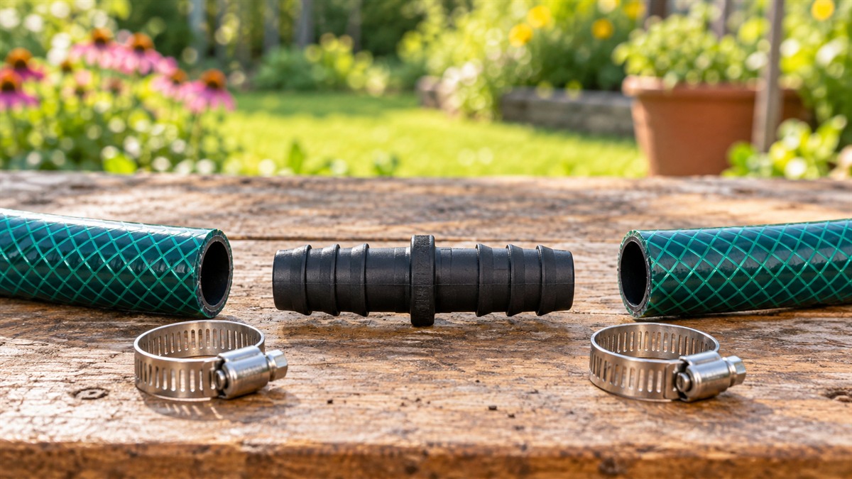 A barbed hose splice lies between two hose ends and metal clamps on a workbench.