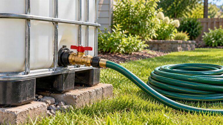 A garden hose connects to a tote outlet through a brass valve and adapter.