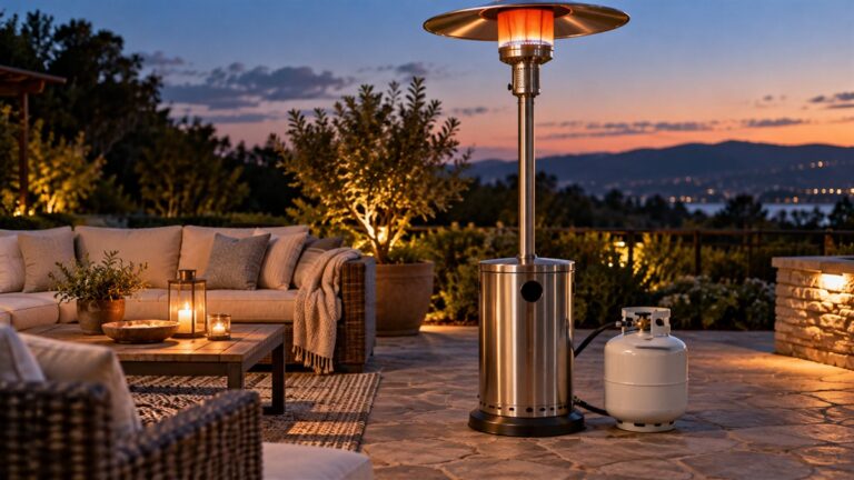 A propane tank stands beside a patio heater on a stone terrace at dusk.