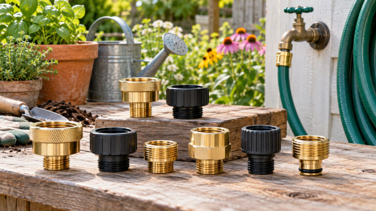 Brass and stainless pipe-thread to garden-hose adapters arranged on a sunny potting bench.