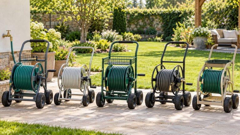 Five four-wheel garden hose reel carts stand side by side on a sunny residential patio.