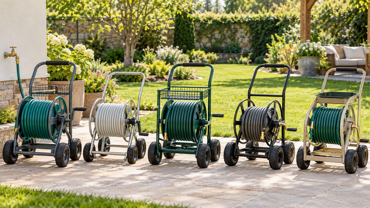 Five four-wheel garden hose reel carts stand side by side on a sunny residential patio.