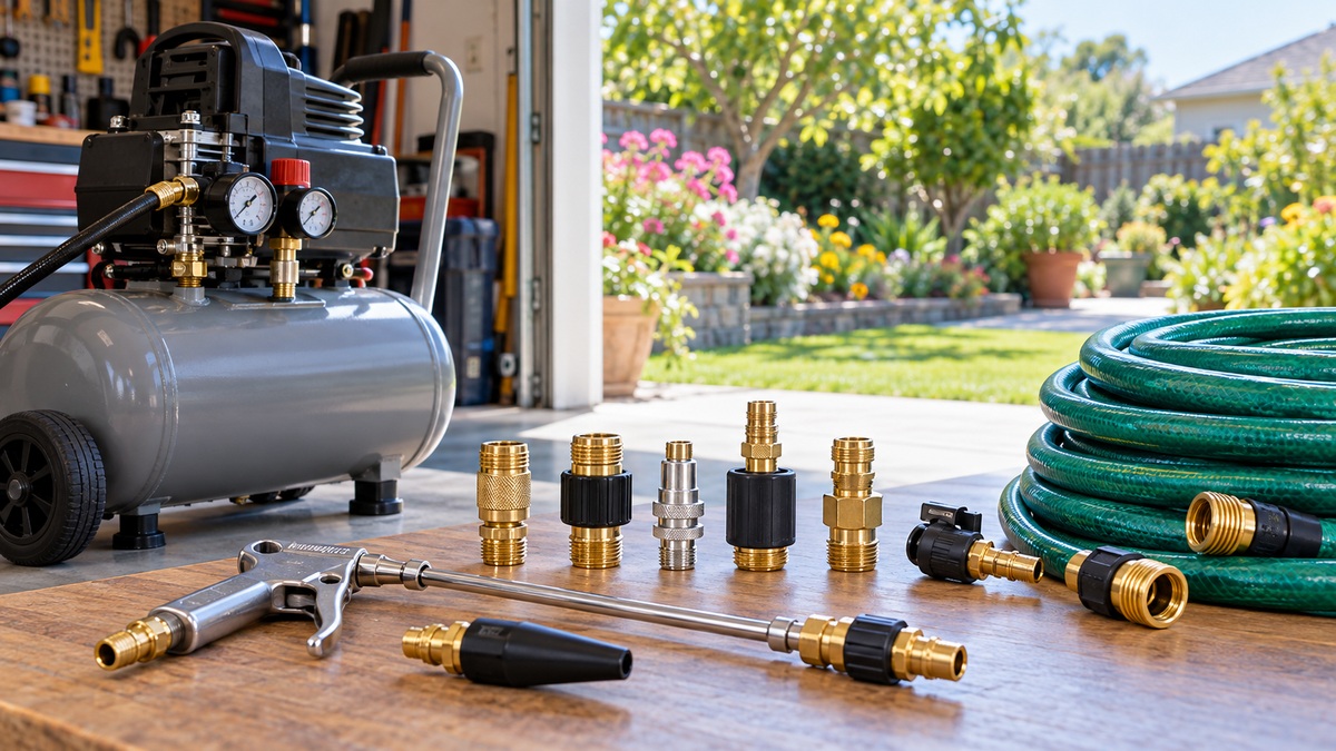 Air compressor attachments and hose adapters are arranged beside a garden hose.