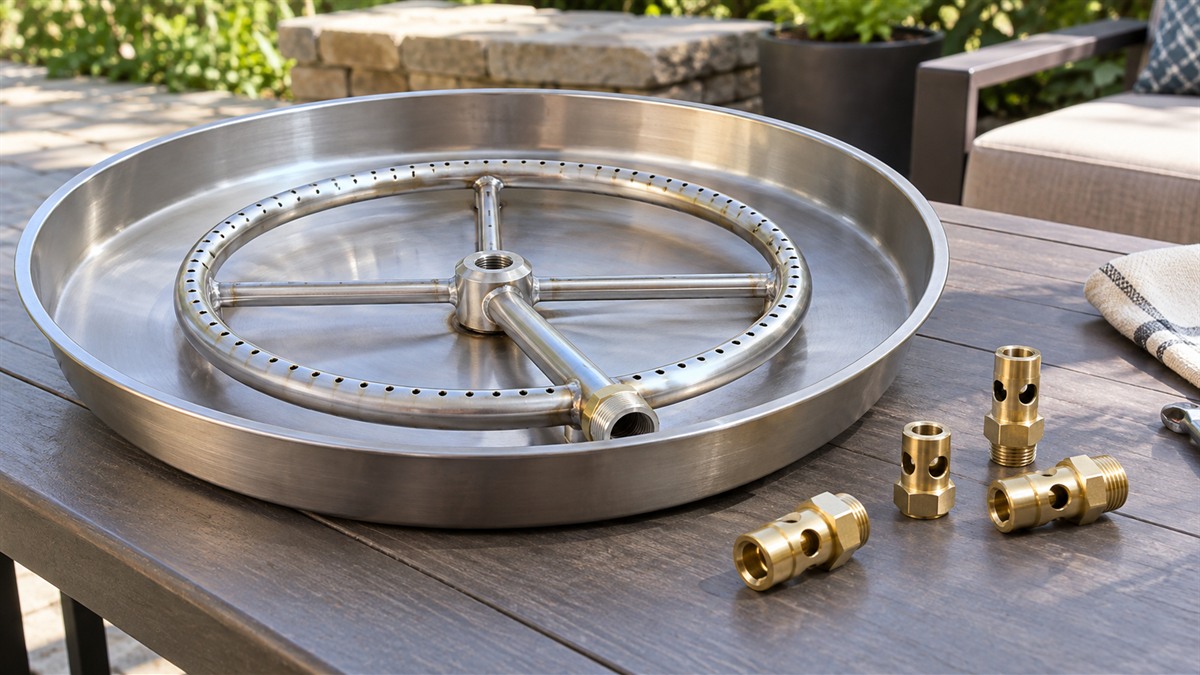 A stainless steel fire pit burner pan and brass fittings sit on an outdoor table.