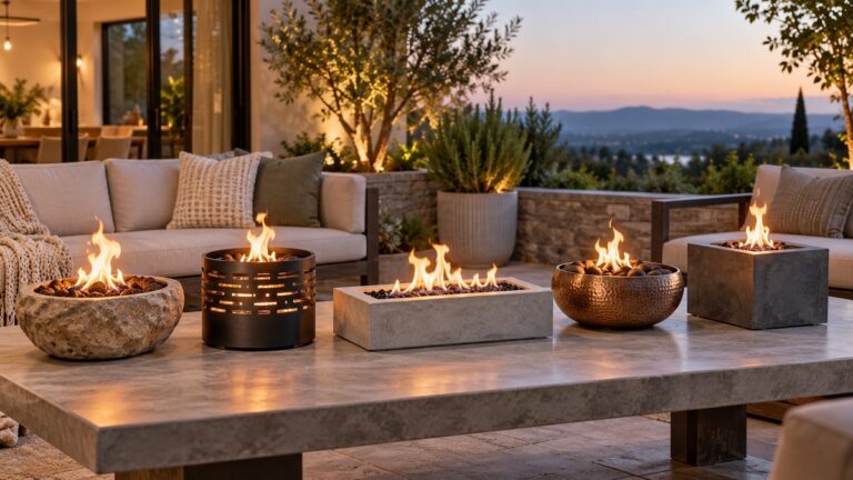 Five compact tabletop gas fire pits burn with small flames on a residential patio.