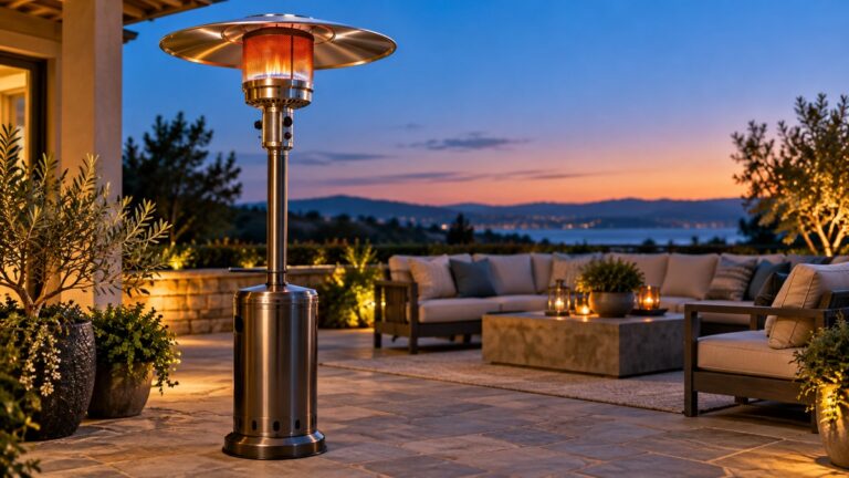 A round patio heater on a stone patio at dusk, with a silver reflector panel visible behind the burner.