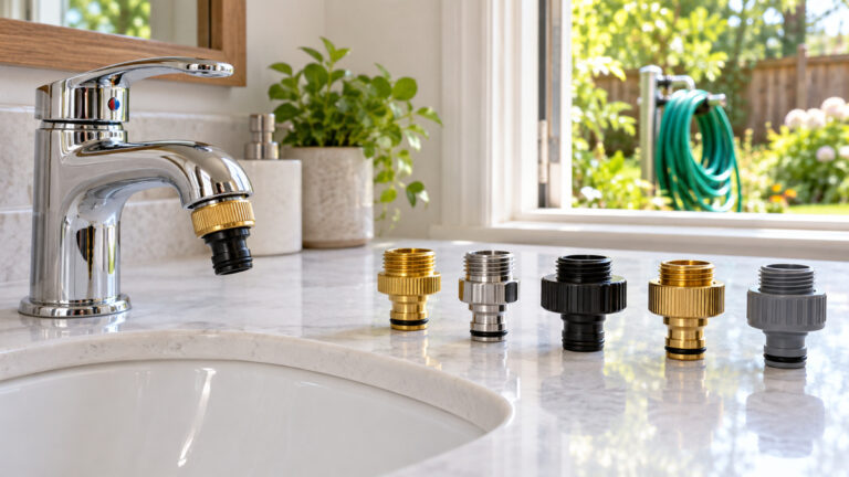Generic threaded garden hose adapters arranged beside a bathroom sink faucet.