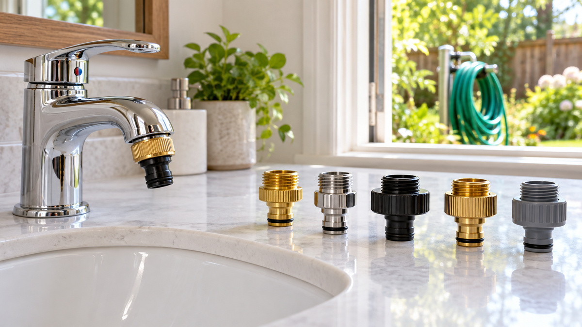 Generic threaded garden hose adapters arranged beside a bathroom sink faucet.