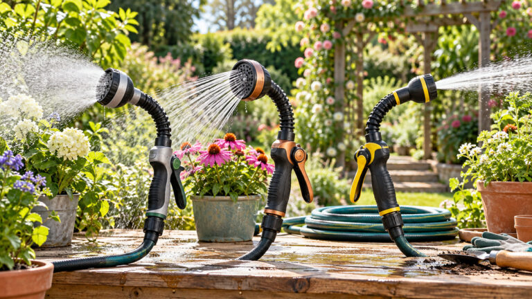 Three generic bendable hose nozzles demonstrating spray patterns in a sunny garden.