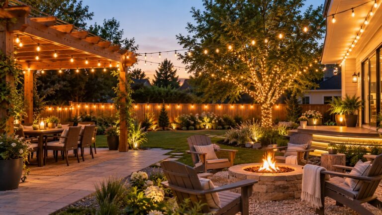 Five warm outdoor string light arrangements illuminate a welcoming backyard patio.
