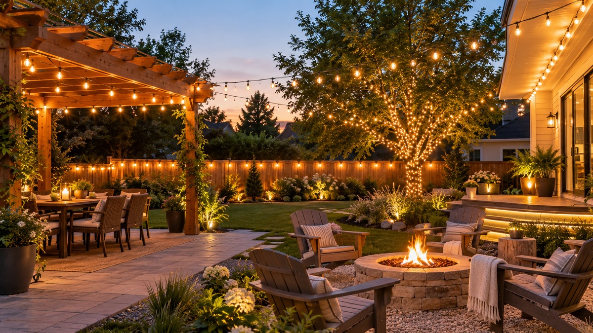 Five warm outdoor string light arrangements illuminate a welcoming backyard patio.