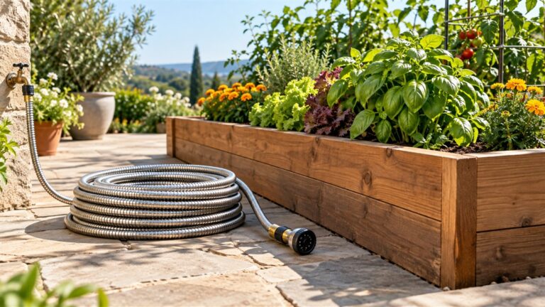 A coiled stainless steel garden hose rests beside a raised garden bed on a sunny patio.