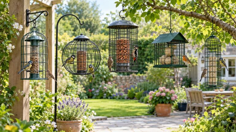 Five protective feeder cage designs hang in a sunny residential garden.