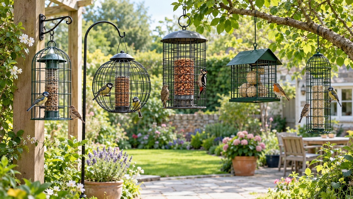 Five protective feeder cage designs hang in a sunny residential garden.