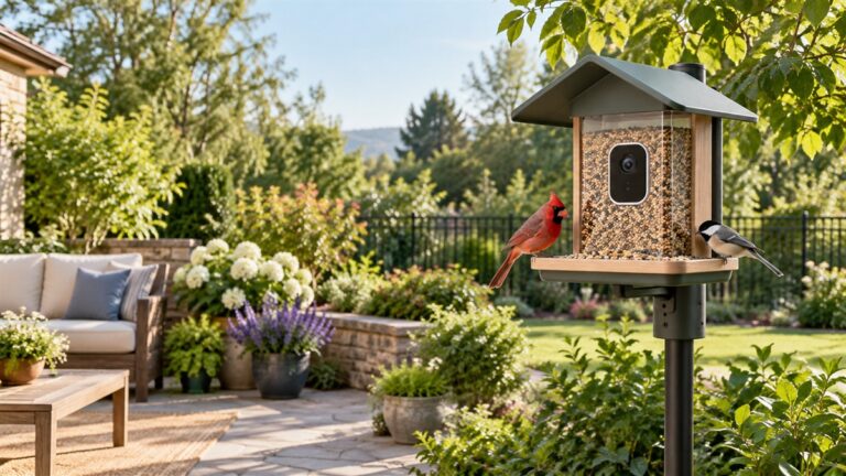 A camera-equipped bird feeder stands in a sunny patio garden with two birds perched beside it.