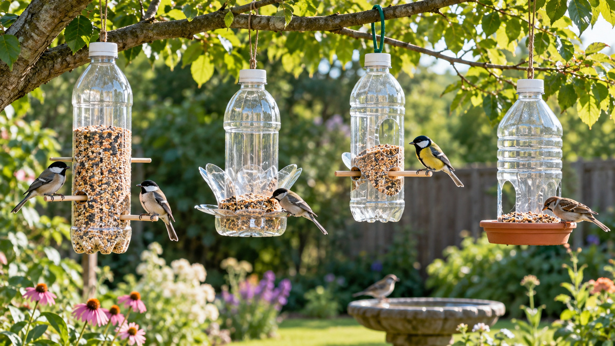 DIY bird feeders made from clear plastic bottles hang in a sunny garden with small birds nearby.