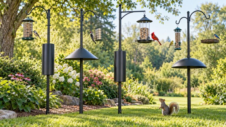 Multiple bird-feeder poles with squirrel baffles stand in a sunny garden.