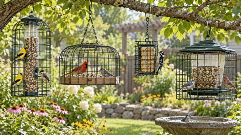 Caged bird feeders in several shapes hanging in a sunny garden with wild songbirds.