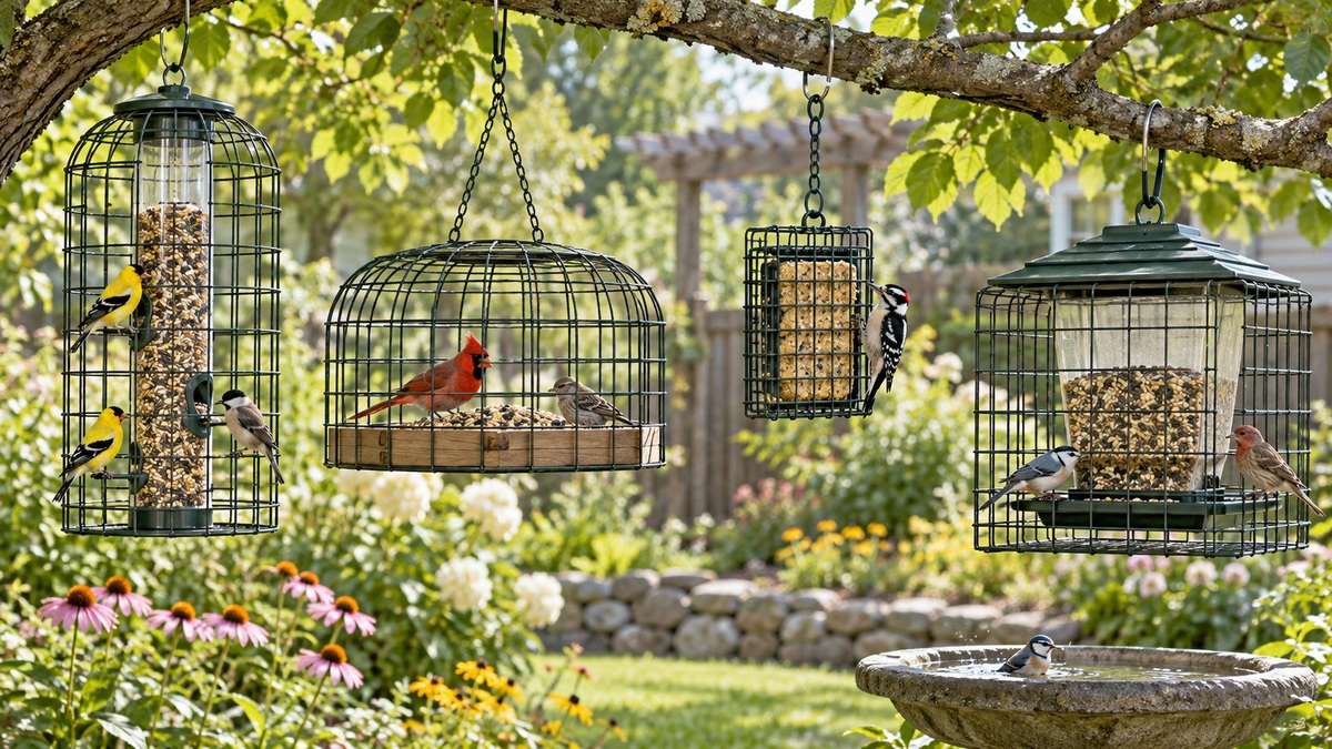 Caged bird feeders in several shapes hanging in a sunny garden with wild songbirds.