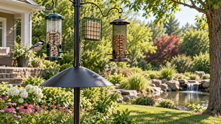 A pole-mounted bird feeder with a squirrel shroud, with a songbird landing on a perch in a backyard.