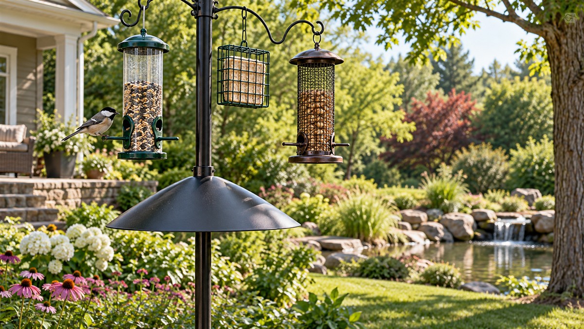 A pole-mounted bird feeder with a squirrel shroud, with a songbird landing on a perch in a backyard.