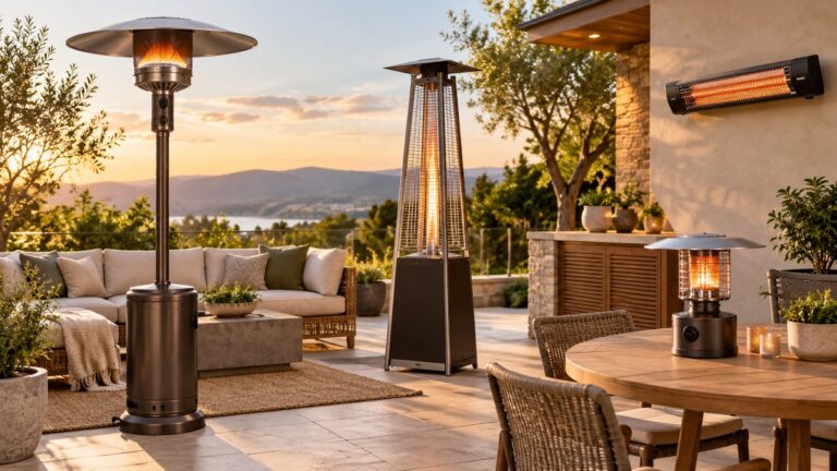 Four unbranded patio heater styles warm an inviting outdoor seating area at sunset.