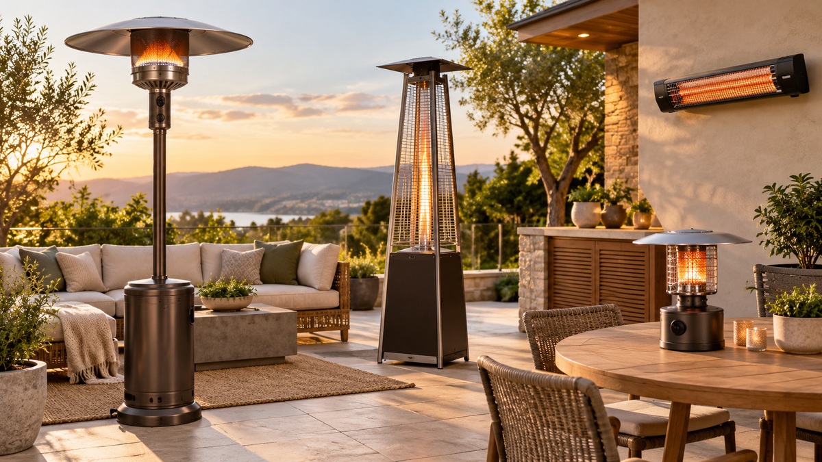 Four unbranded patio heater styles warm an inviting outdoor seating area at sunset.