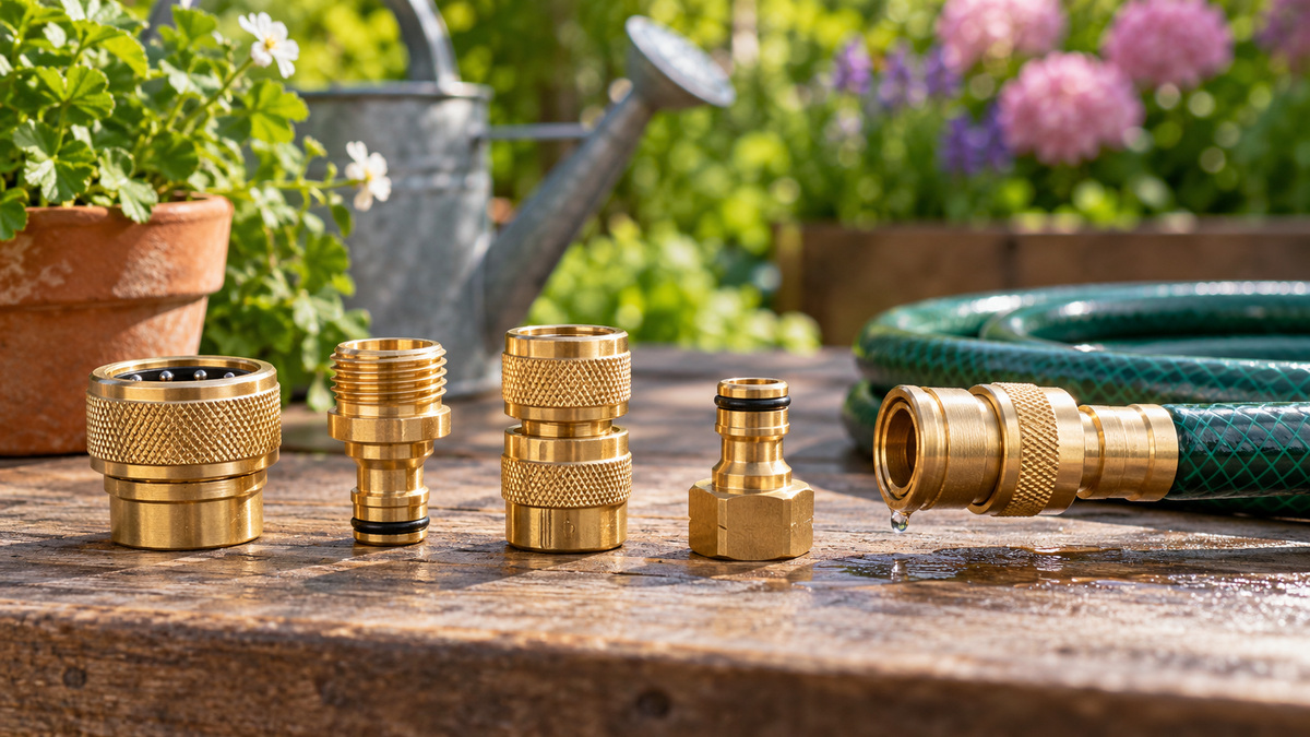 Five brass quick-connect garden hose fitting configurations on a potting bench.
