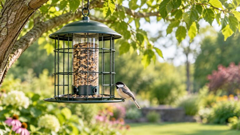 A metal hanging bird feeder with a squirrel-resistant perch in a backyard tree, with a songbird landing on the tray.