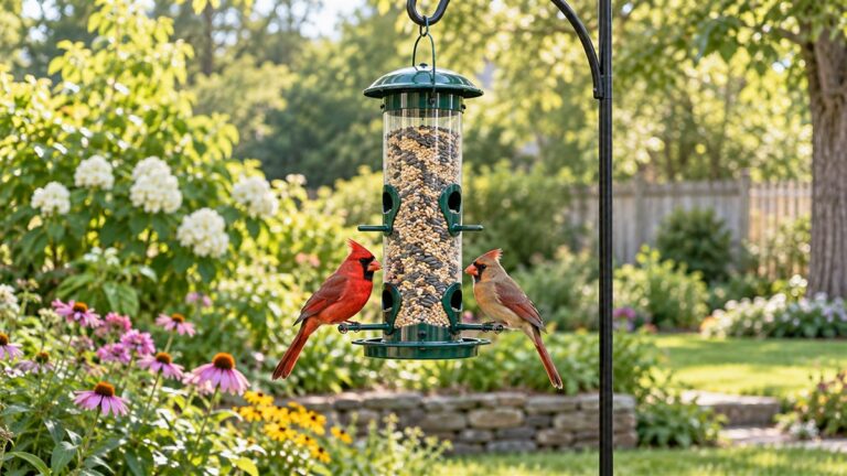 Two cardinals perch on a green tube bird feeder in a backyard garden.