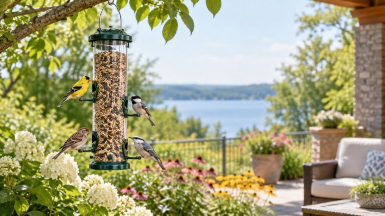 Small birds feed from a hanging squirrel-proof tube feeder on a summer patio.
