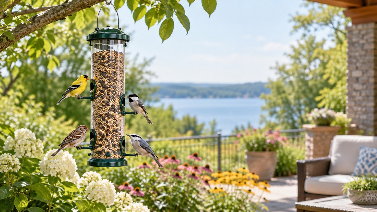 Small birds feed from a hanging squirrel-proof tube feeder on a summer patio.