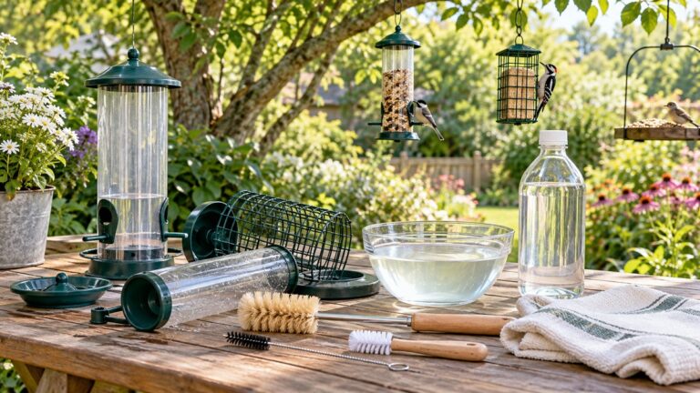 Bird feeders being cleaned with diluted vinegar and brushes on a garden worktable.