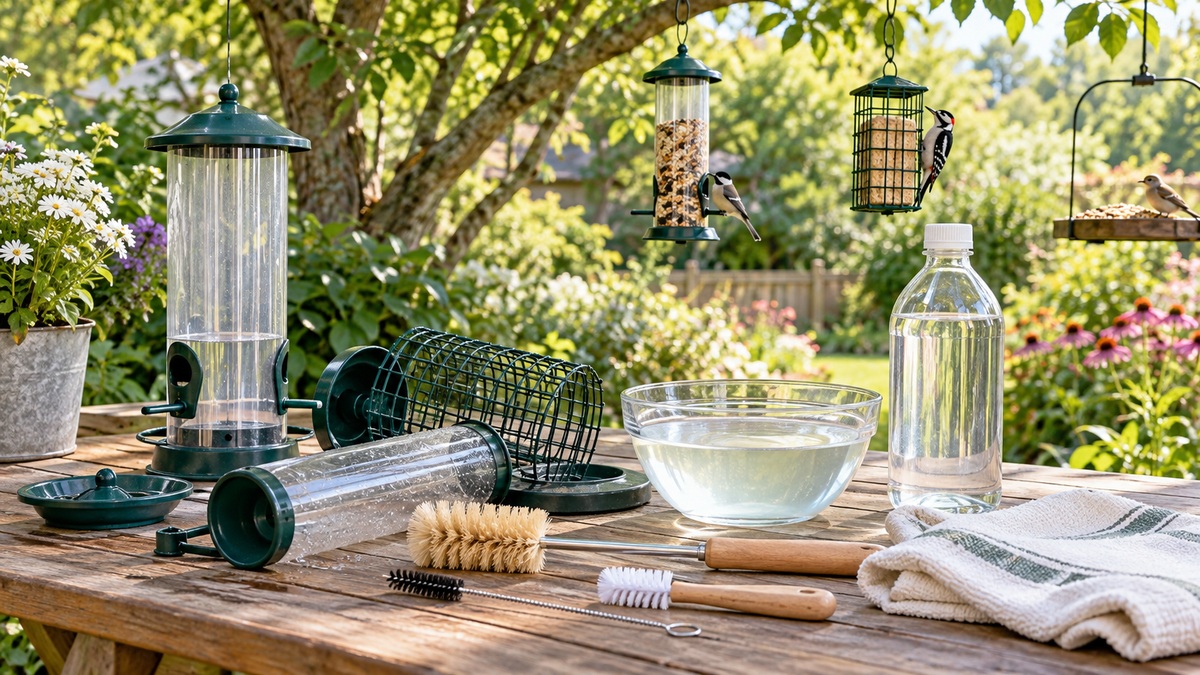 Bird feeders being cleaned with diluted vinegar and brushes on a garden worktable.