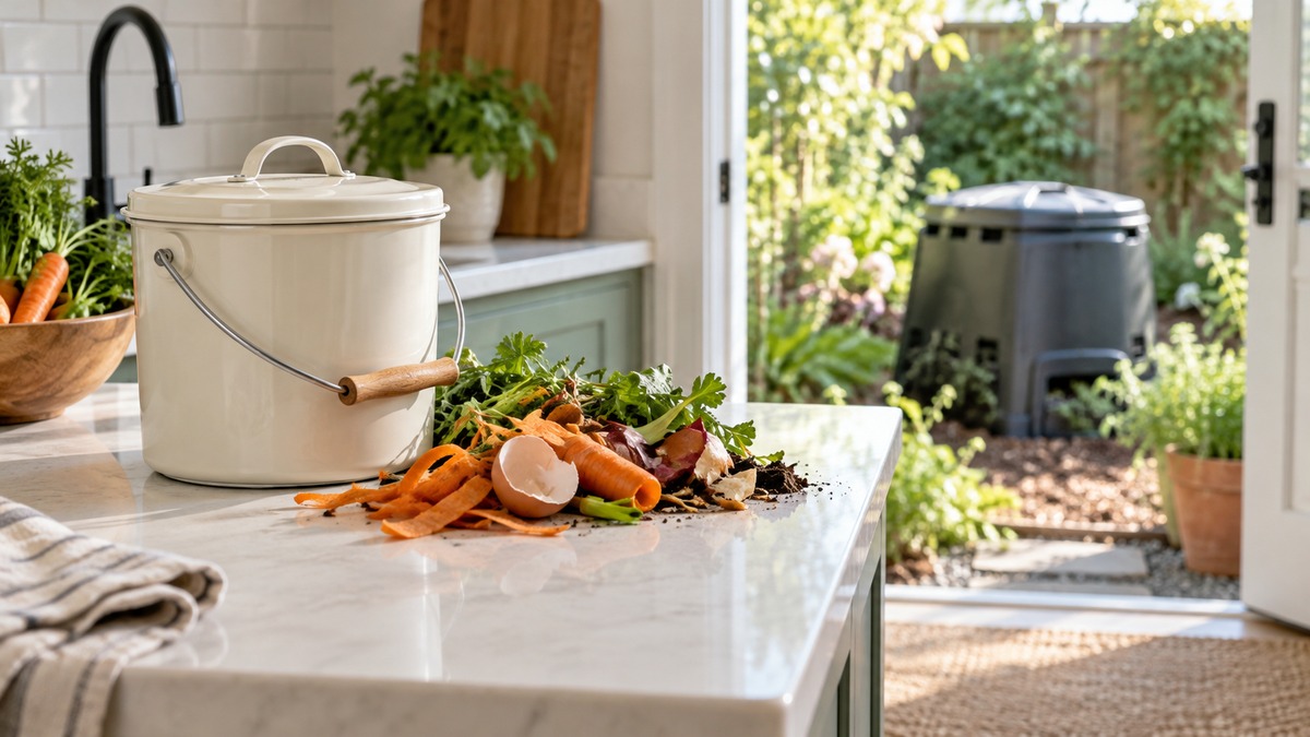 A kitchen compost caddy and vegetable scraps sit near an outdoor composter.
