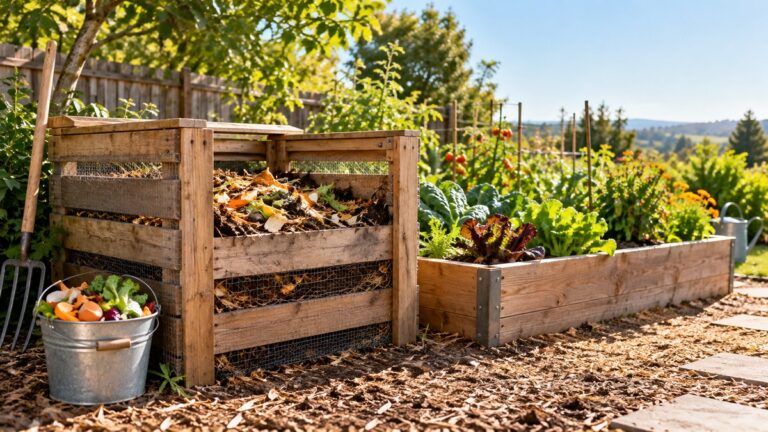 A homemade wooden compost bin stands beside a raised vegetable bed.