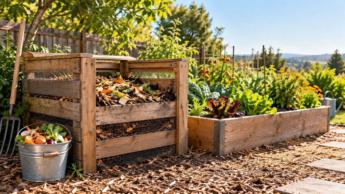 A homemade wooden compost bin stands beside a raised vegetable bed.