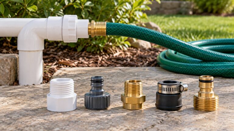 Several PVC-to-garden-hose connector options arranged beside an outdoor pipe and hose.