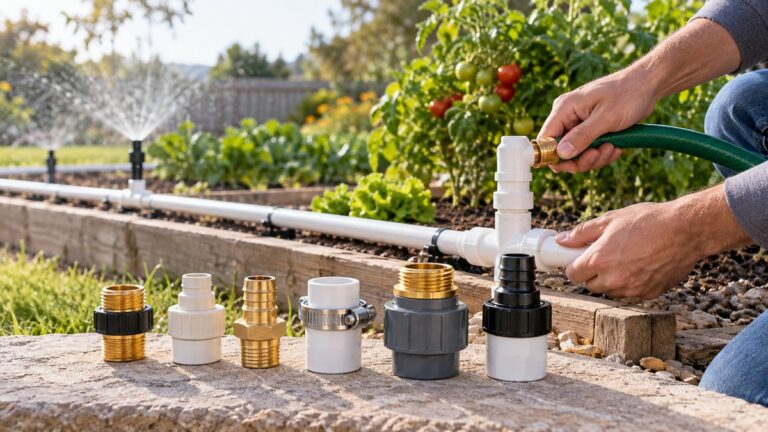 A clear outdoor scene showing the compared connecting a hose to pvc pipe options beside the setup they are meant to serve.