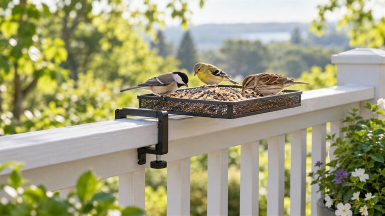 A tray feeder clamped to a painted deck railing with a few small birds on the seed, morning light on the balcony.