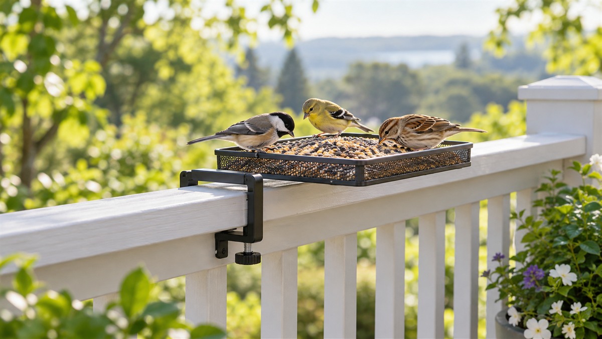 A tray feeder clamped to a painted deck railing with a few small birds on the seed, morning light on the balcony.