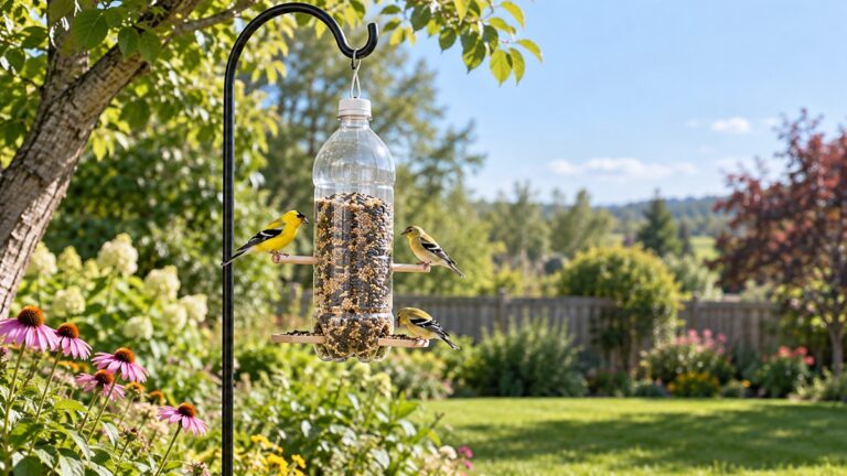 Finches feed from a clear bottle feeder hanging on a shepherd hook.