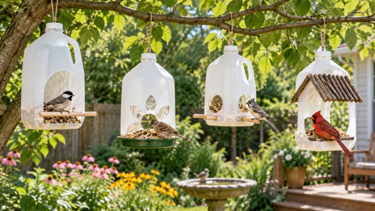 A clear comparison scene showing diy bird feeder milk jug options beside their intended installation or use area.