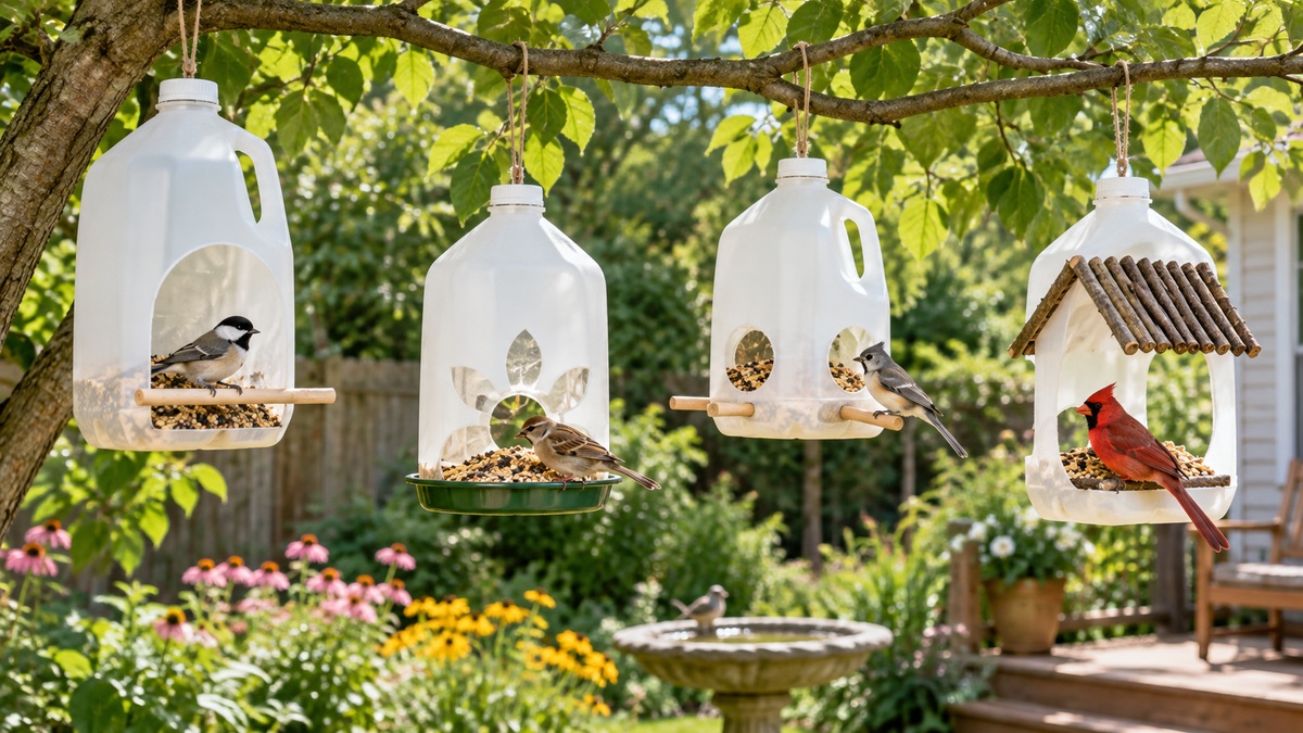 A clear comparison scene showing diy bird feeder milk jug options beside their intended installation or use area.