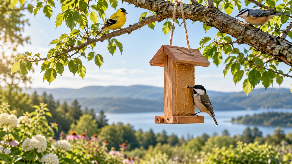 Small birds gather around a cedar peanut butter feeder hanging from a tree.
