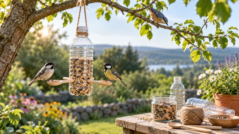 A DIY bird feeder made from a clear recycled water bottle with birds in a sunny garden.