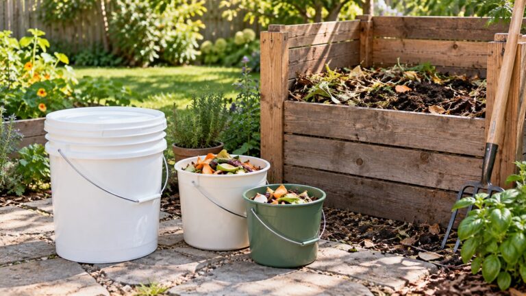 A lidded five-gallon bucket stands beside scrap pails and a backyard compost bin.