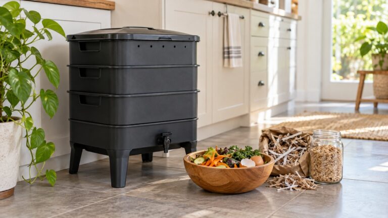 A stacked indoor worm bin sits beside vegetable scraps and bedding.