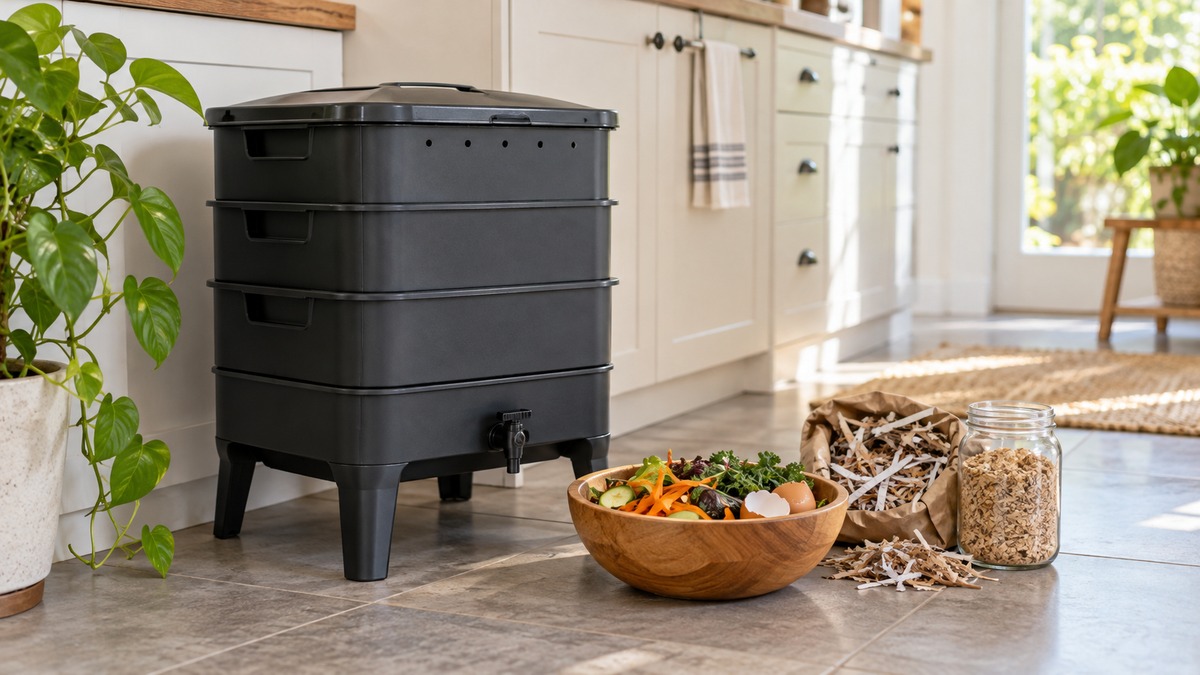 A stacked indoor worm bin sits beside vegetable scraps and bedding.